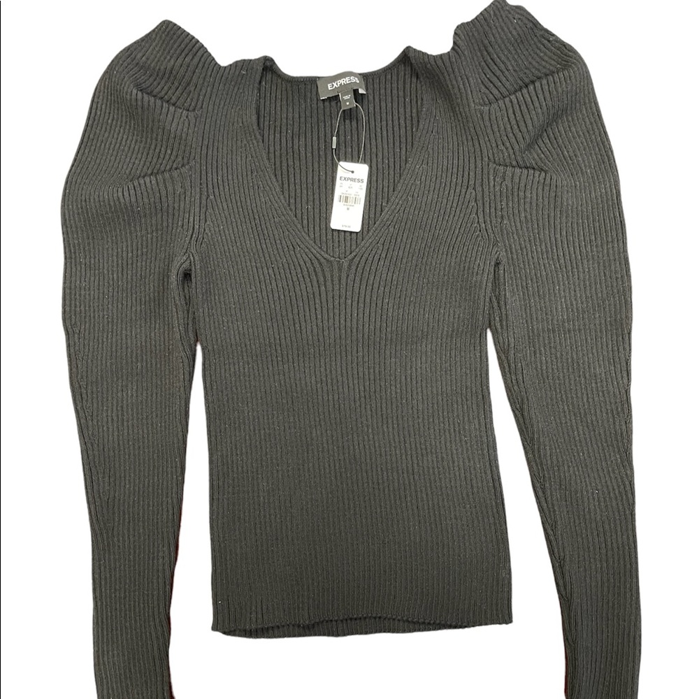 EXPRESS - black v neck ribbed puff sleeve sweater